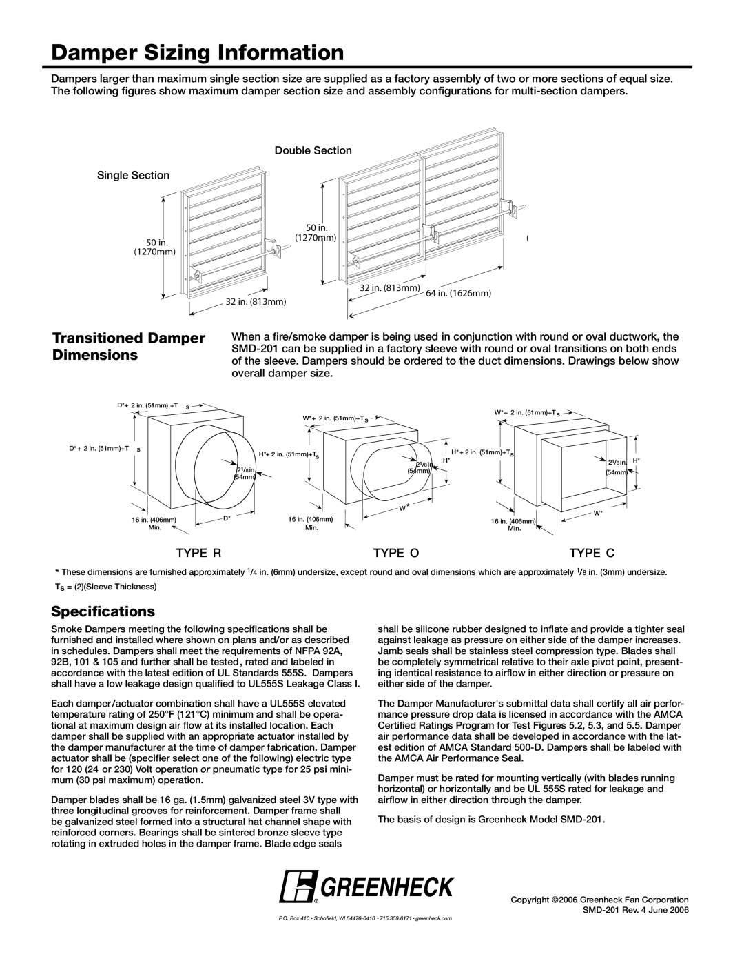 Greenheck Fan SMD-201 dimensions Damper Sizing Information, Transitioned Damper Dimensions, Specifications 