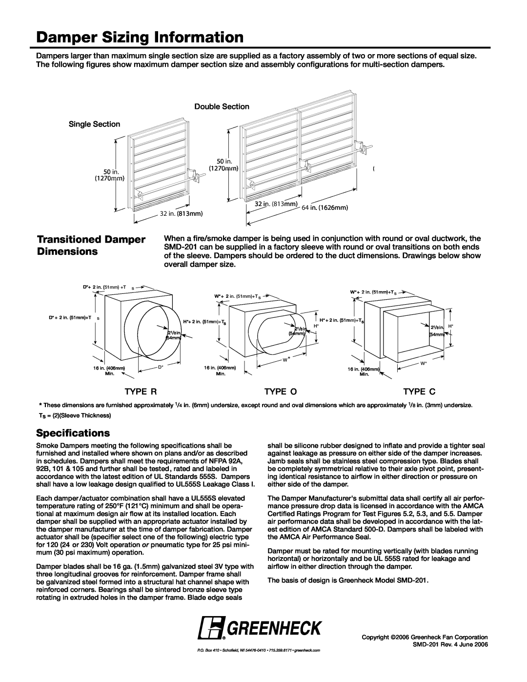 Greenheck Fan SMD-201 dimensions Damper Sizing Information, Transitioned Damper Dimensions, Specifications 