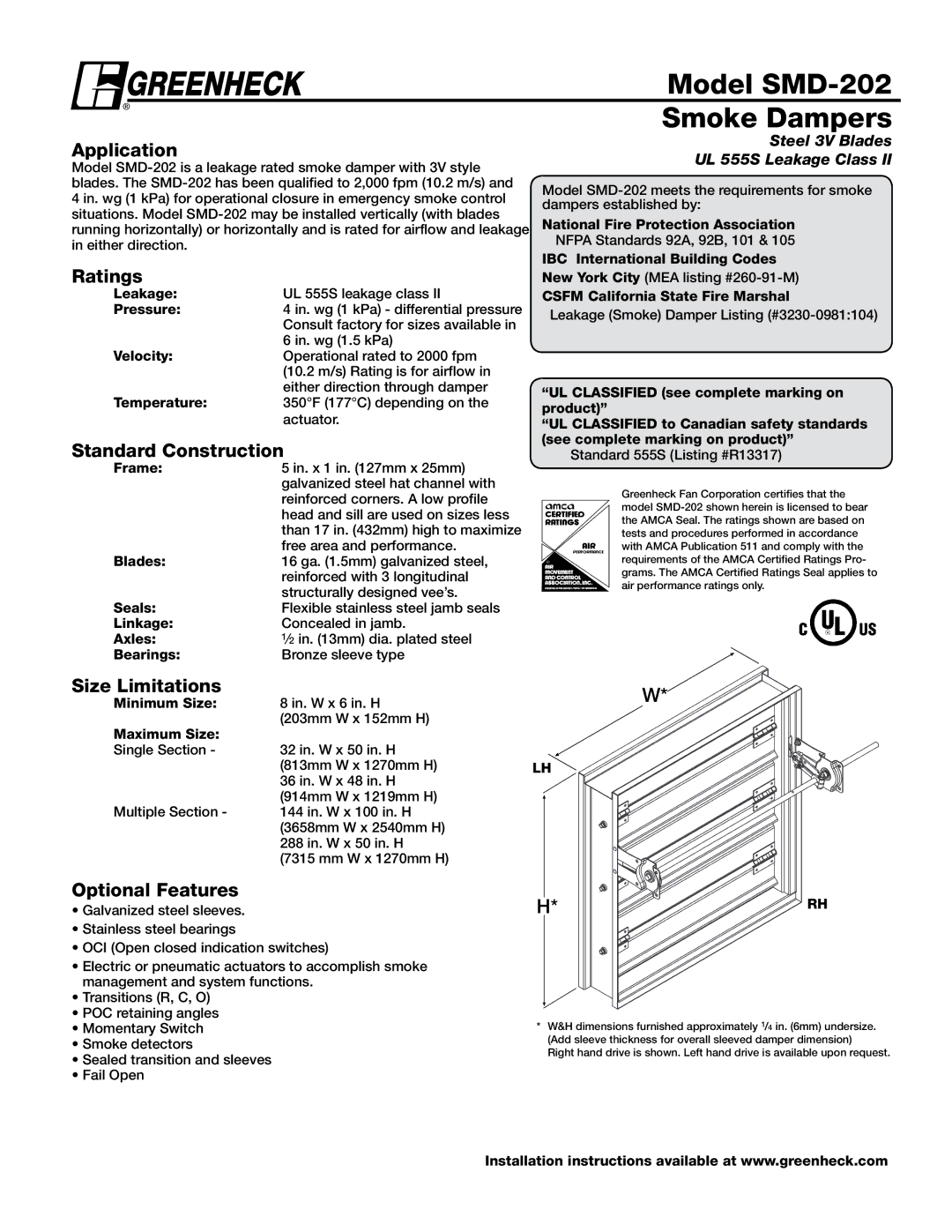 Greenheck Fan dimensions Model SMD-202, Smoke Dampers 