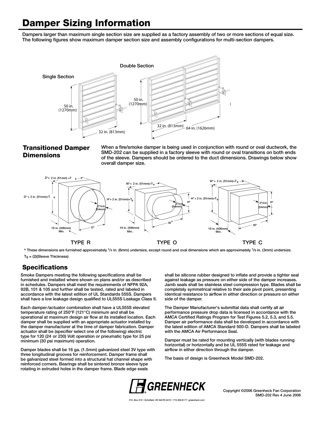 Greenheck Fan SMD-202 dimensions Damper Sizing Information, Transitioned Damper Dimensions, Specifications 