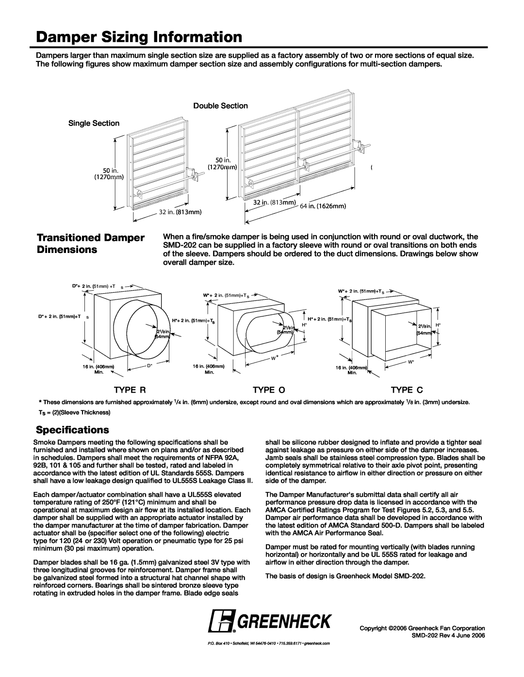 Greenheck Fan SMD-202 dimensions Damper Sizing Information, Transitioned Damper Dimensions, Specifications 