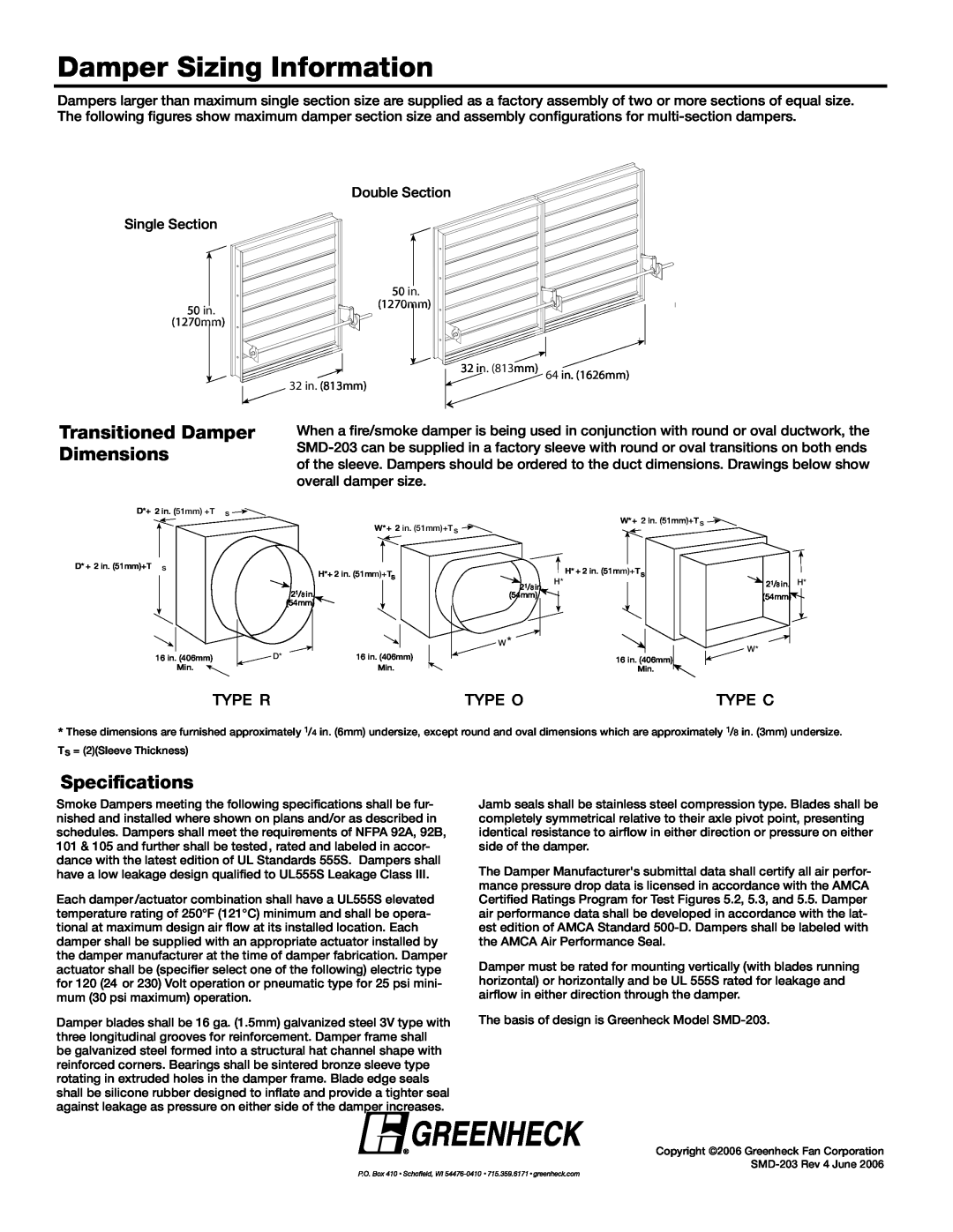 Greenheck Fan SMD-203 dimensions Damper Sizing Information, Transitioned Damper Dimensions, Specifications 