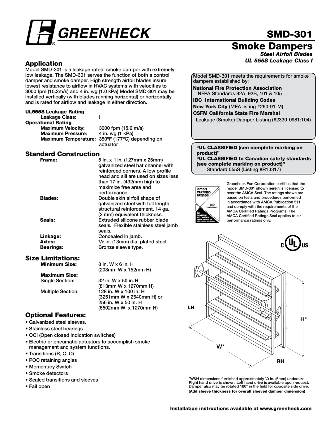 Greenheck Fan SMD-301M dimensions Smoke Dampers 