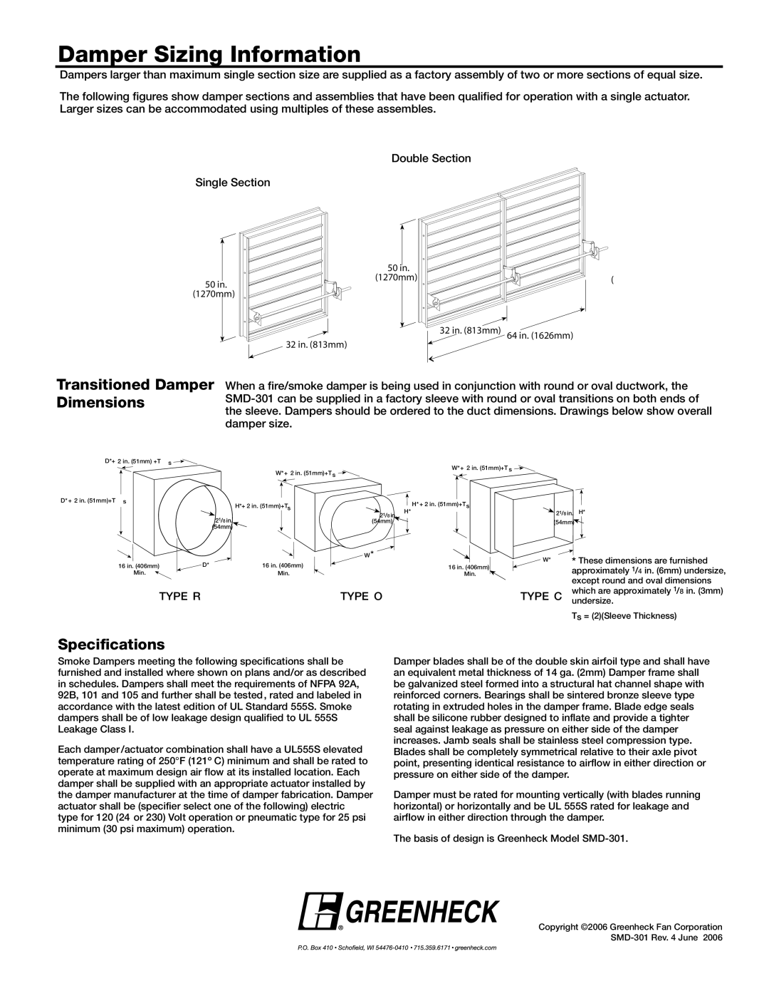 Greenheck Fan SMD-301M dimensions Damper Sizing Information, Transitioned Damper Dimensions, Specifications 