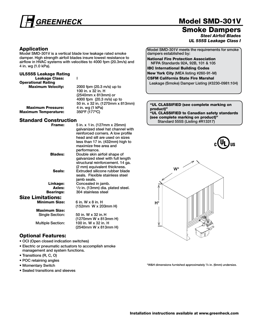 Greenheck Fan SMD-301V dimensions Application, Standard Construction, Size Limitations, Optional Features 