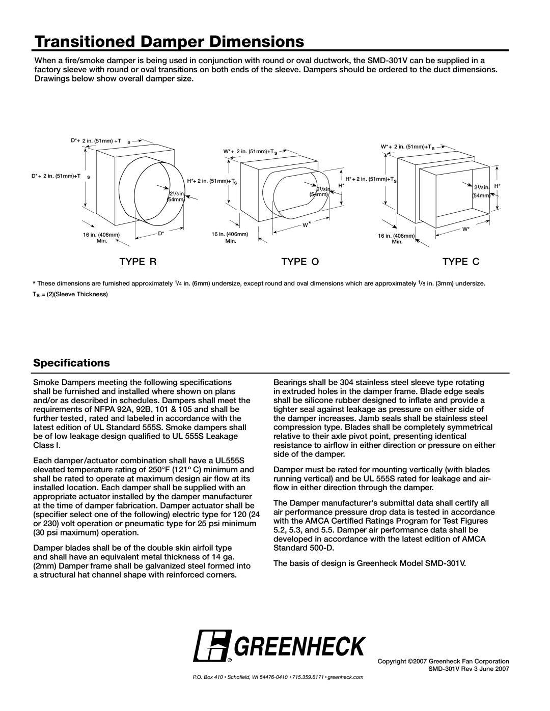 Greenheck Fan SMD-301V dimensions Transitioned Damper Dimensions, Specifications 