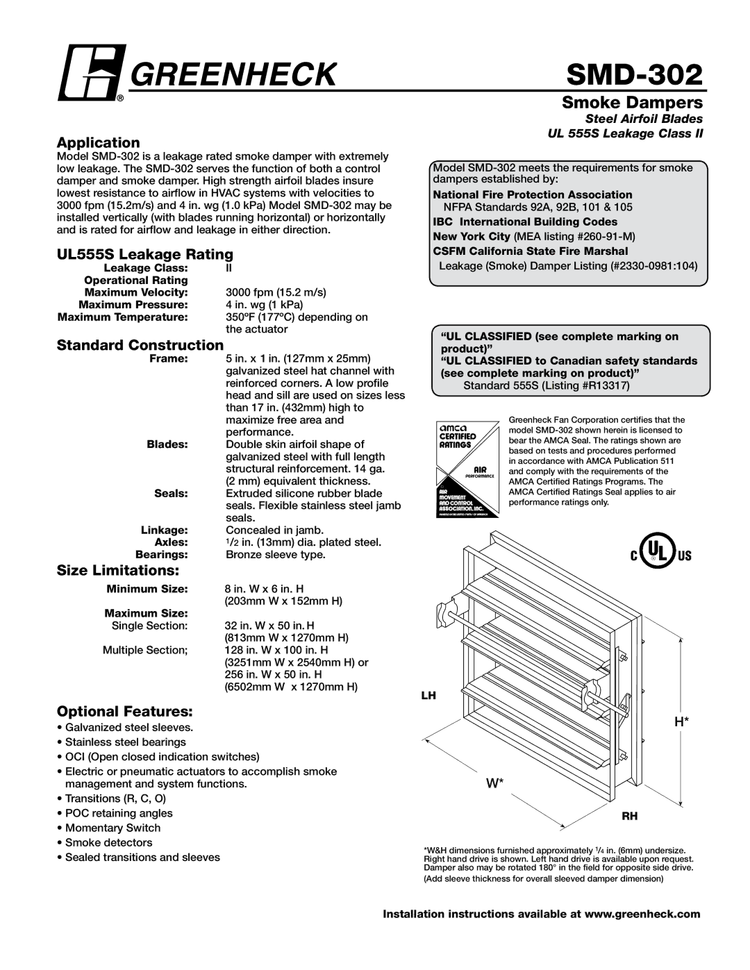 Greenheck Fan SMD-302 dimensions Application, UL555S Leakage Rating, Standard Construction, Size Limitations 