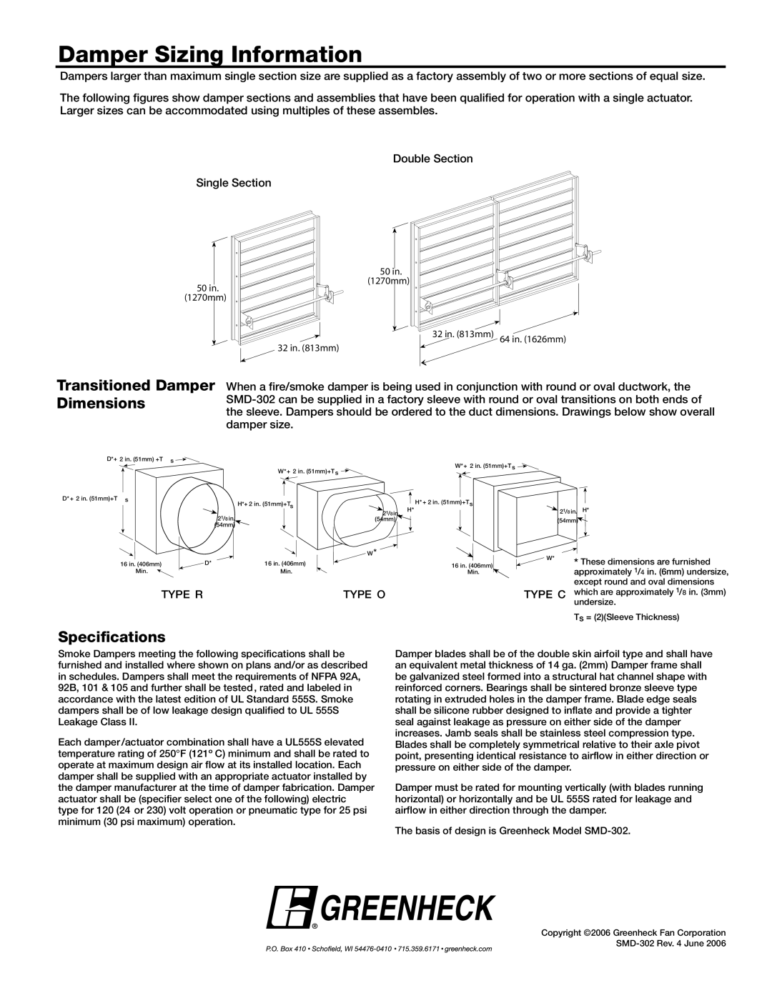 Greenheck Fan SMD-302 dimensions Damper Sizing Information, Transitioned Damper Dimensions, Specifications, Mm 64 in mm 