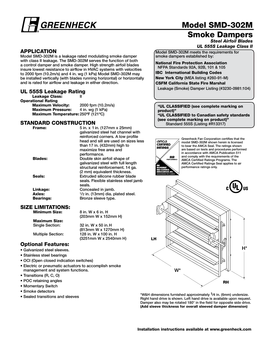 Greenheck Fan dimensions Model SMD-302M Smoke Dampers, UL 555S Leakage Rating, Standard Construction, Size Limitations 