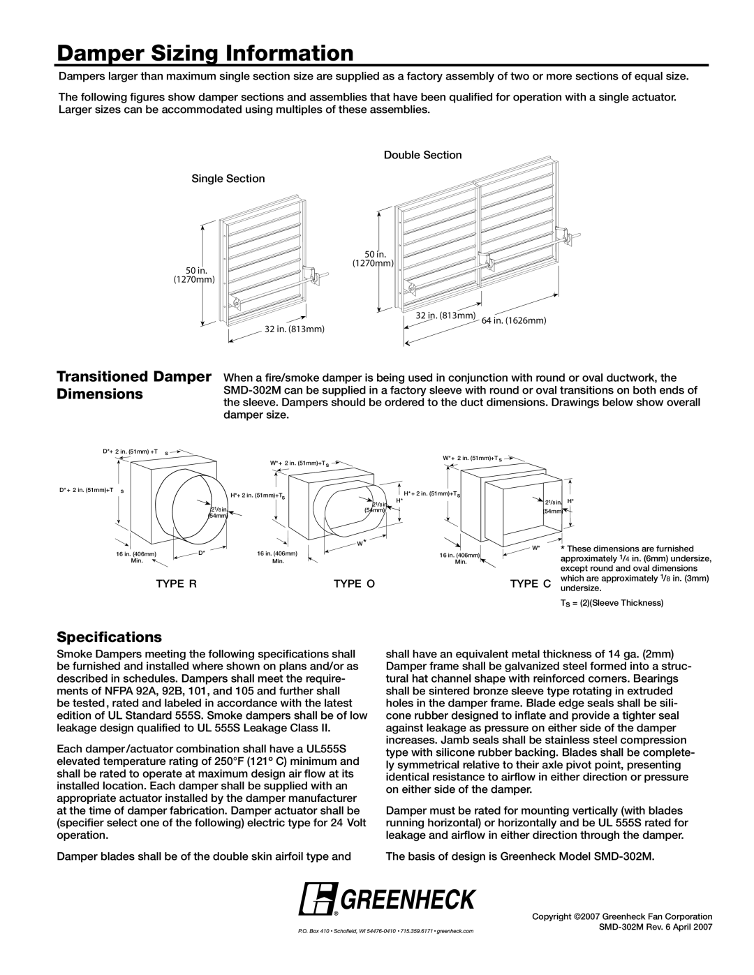 Greenheck Fan SMD-302M dimensions Damper Sizing Information, Transitioned Damper Dimensions, Specifications 