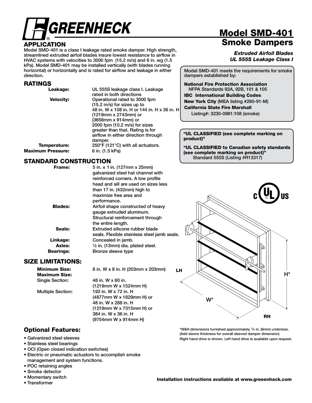 Greenheck Fan dimensions Model SMD-401, Ratings, Standard Construction, Size Limitations, Optional Features 