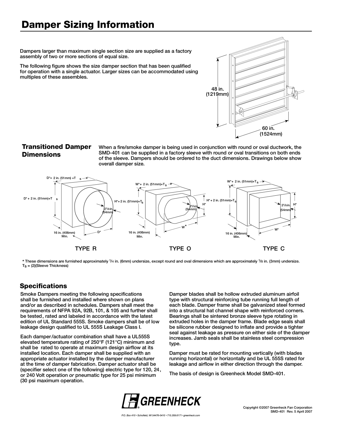 Greenheck Fan SMD-401 dimensions Damper Sizing Information, Transitioned Damper Dimensions, Specifications 