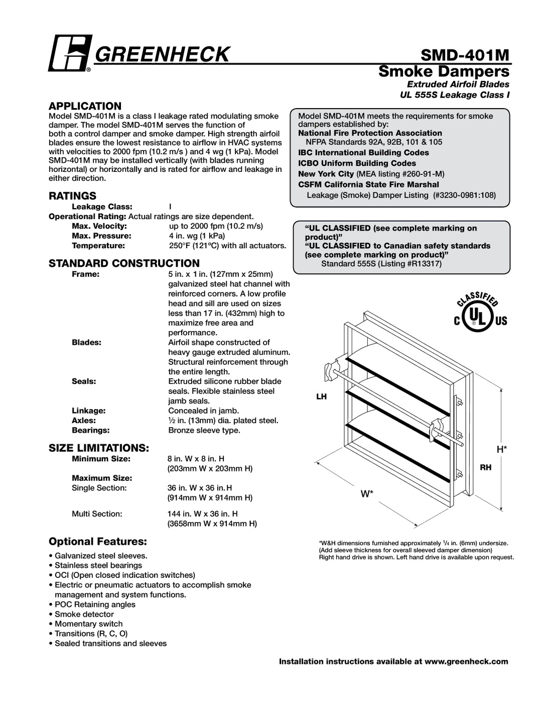 Greenheck Fan dimensions SMD-401M Smoke Dampers, Ratings, Standard Construction, Size Limitations, Optional Features 