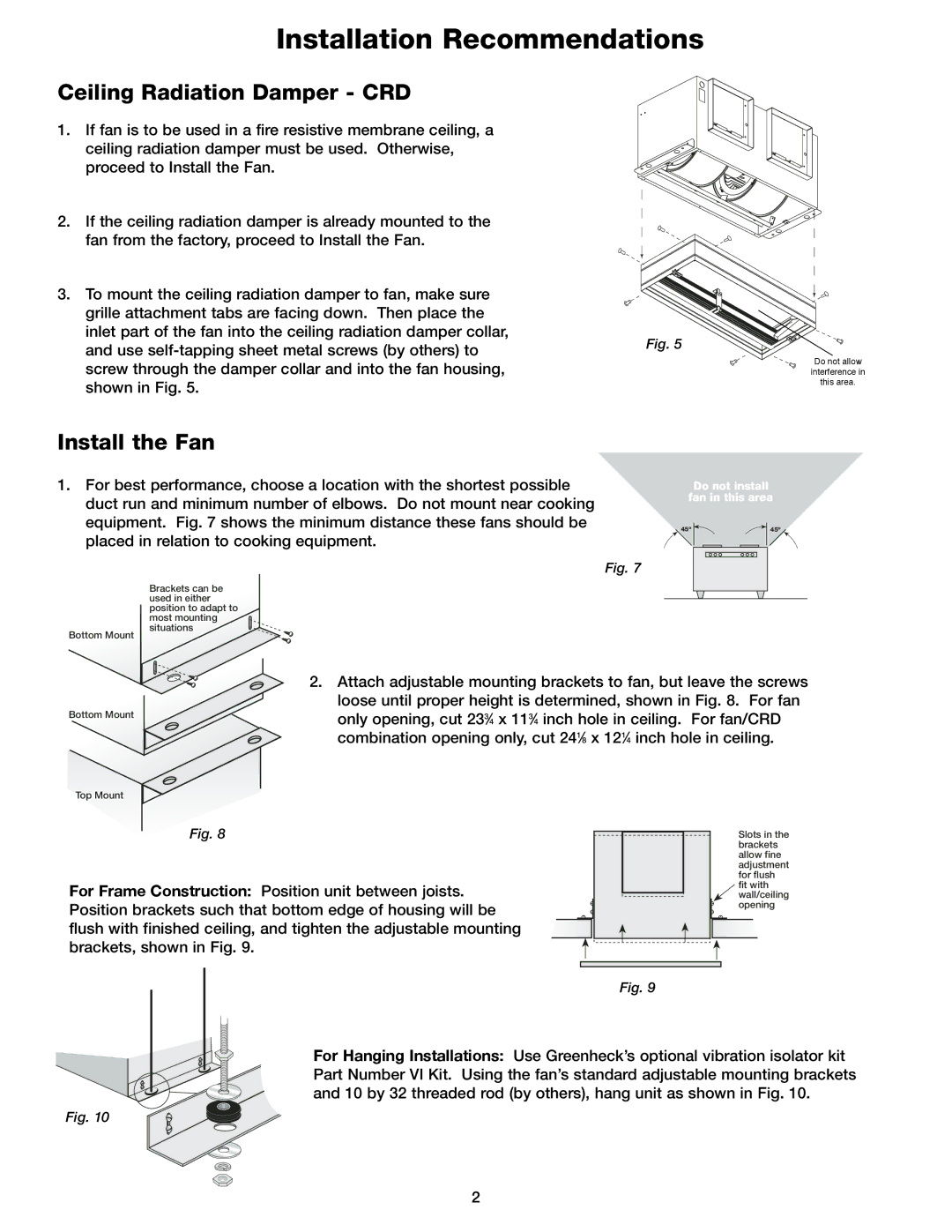 Greenheck Fan CSP-A700 manual Installation Recommendations, Ceiling Radiation Damper CRD, Install the Fan 