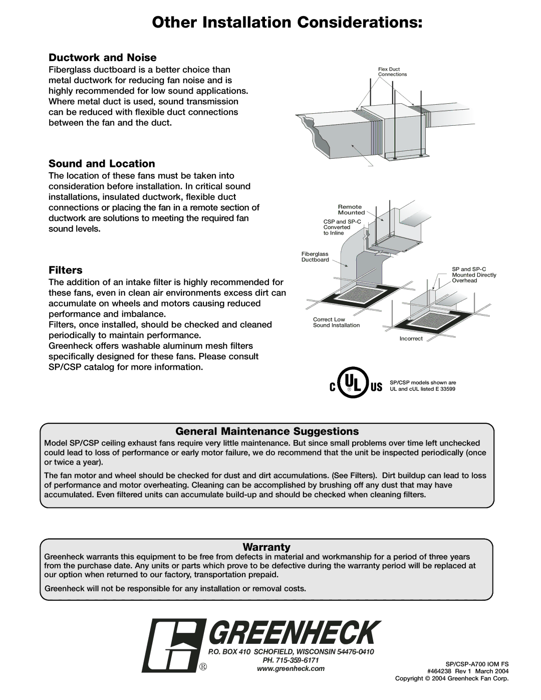 Greenheck Fan CSP-A700 manual Other Installation Considerations, Ductwork and Noise 