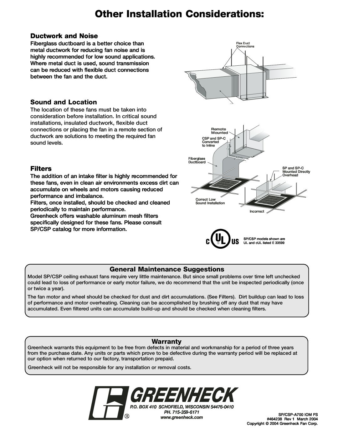 Greenheck Fan SP-A700 manual Other Installation Considerations, Ductwork and Noise, Sound and Location, Filters, Warranty 