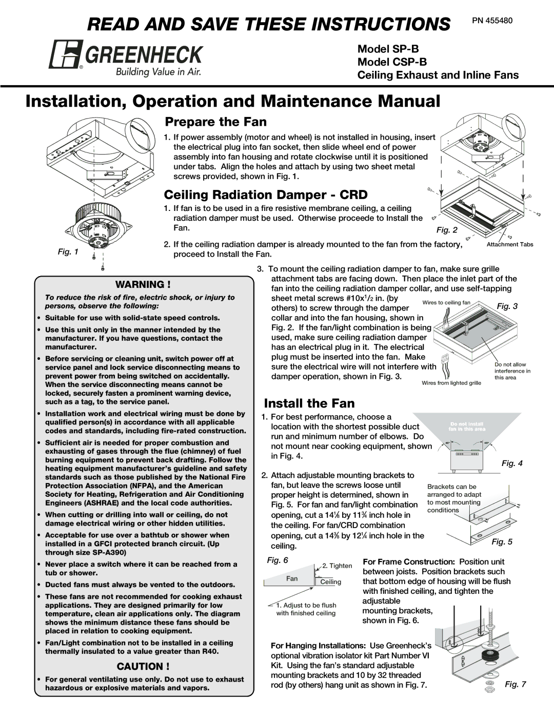 Greenheck Fan CSP-B manual Prepare the Fan, Ceiling Radiation Damper CRD, Install the Fan 