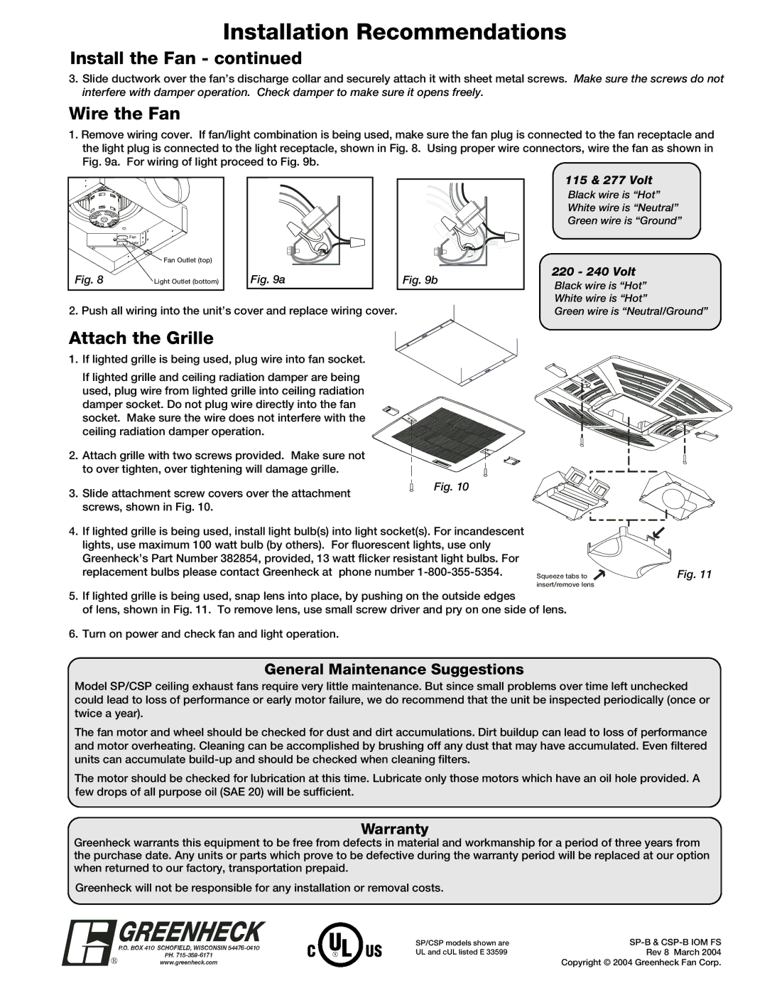 Greenheck Fan CSP-B manual Wire the Fan, Attach the Grille, General Maintenance Suggestions, Warranty 