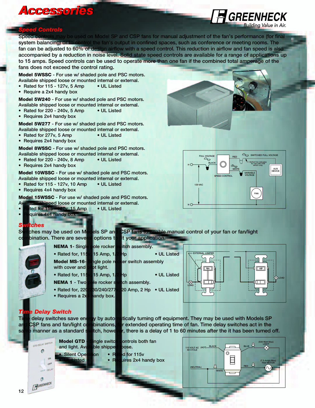 Greenheck Fan CSP manual Speed Controls, Switches, Time Delay Switch 