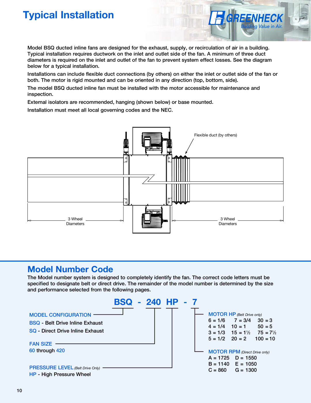 Greenheck Fan SQ manual Typical Installation, Flexible duct by others Wheel Diameters 