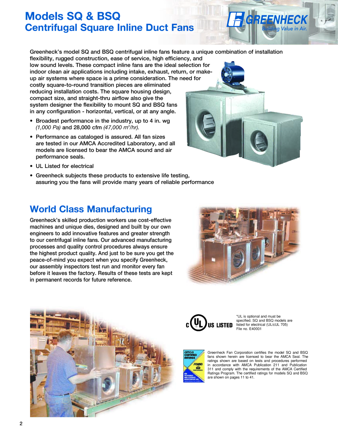 Greenheck Fan manual Models SQ & BSQ, Centrifugal Square Inline Duct Fans 