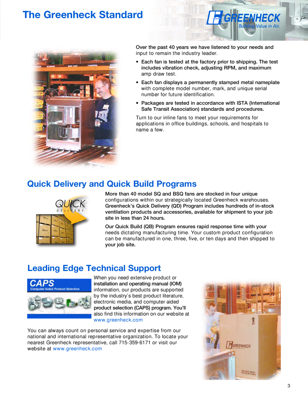 Greenheck Fan SQ manual Greenheck Standard, Quick Delivery and Quick Build Programs 