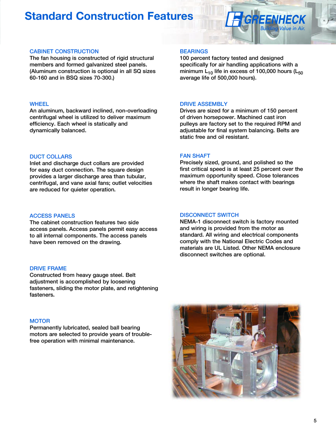 Greenheck Fan SQ manual Standard Construction Features, Cabinet Construction 