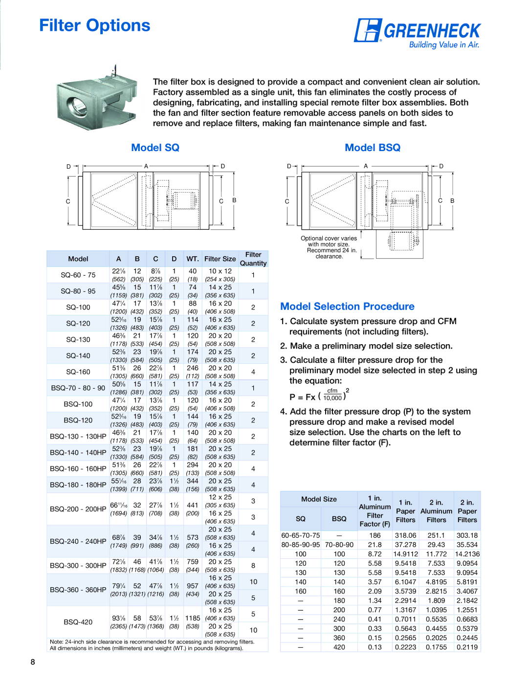 Greenheck Fan SQ manual Filter Options 