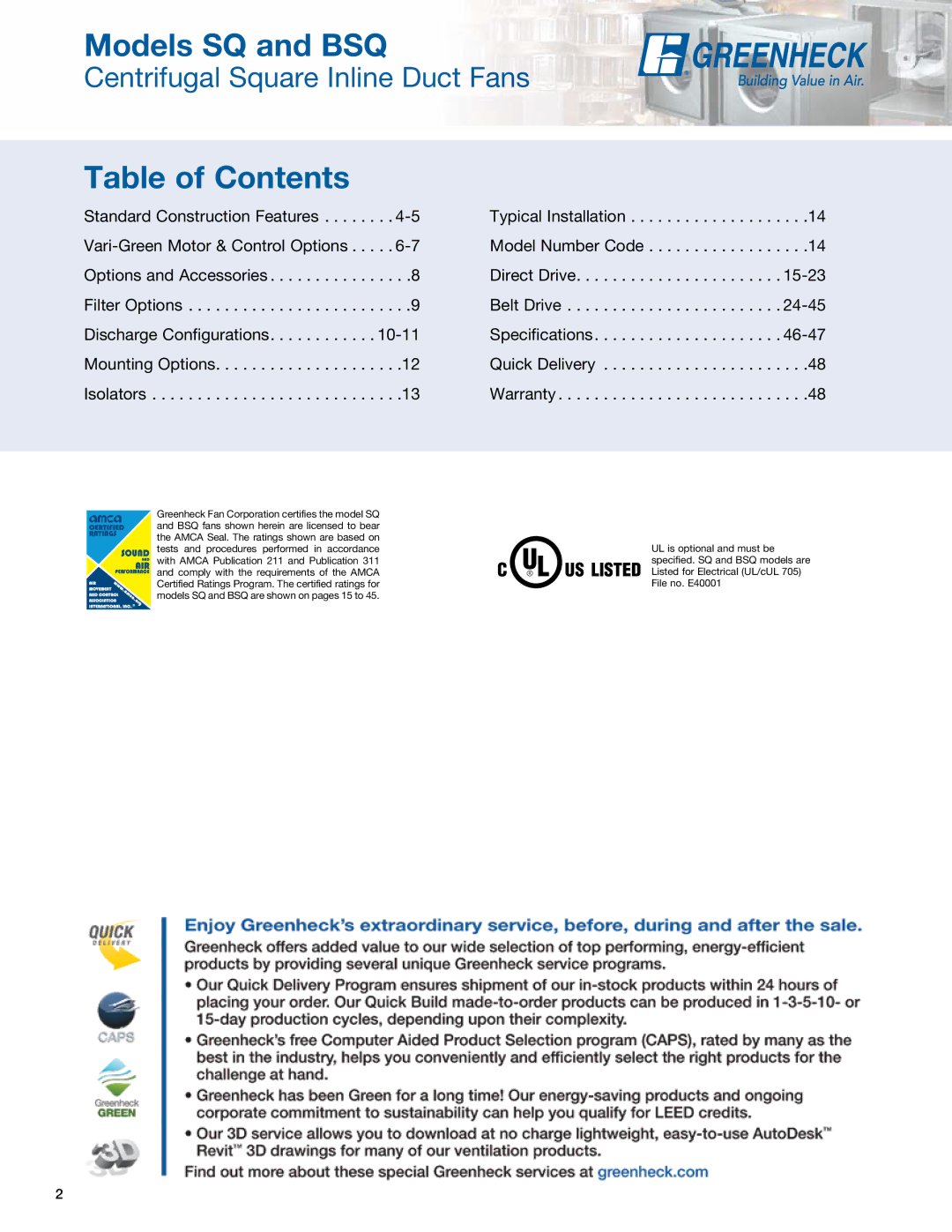 Greenheck Fan SQ/BSQ manual Models SQ and BSQ, Table of Contents 