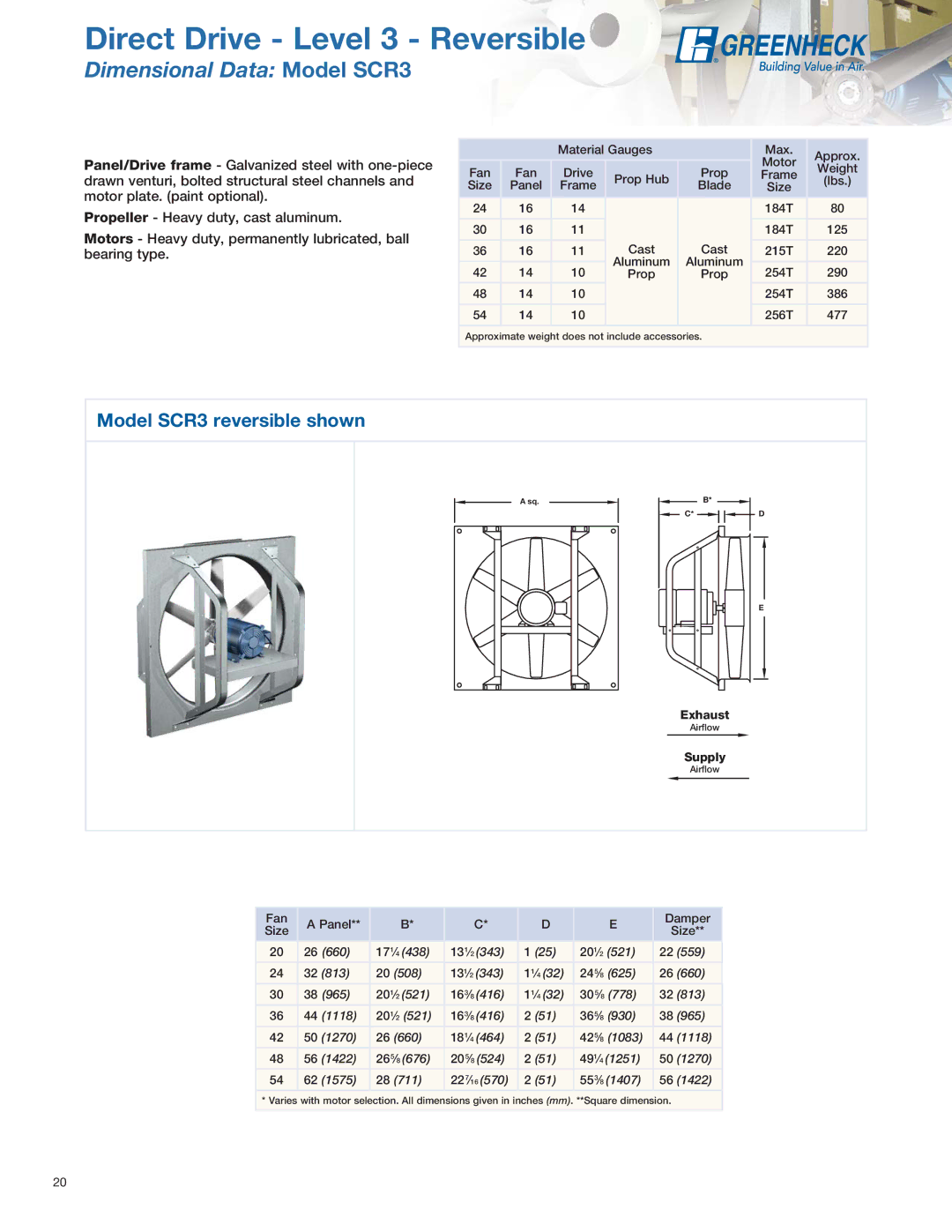 Greenheck Fan SS1, SE1 manual Direct Drive Level 3 Reversible, Dimensional Data Model SCR3, Model SCR3 reversible shown 