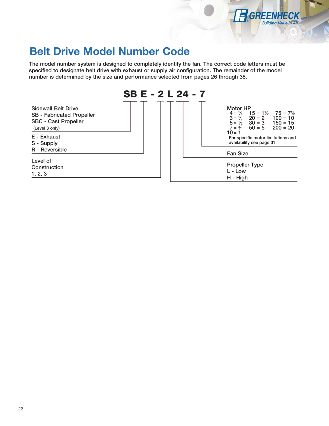 Greenheck Fan SS1, SE1 Belt Drive Model Number Code, Level 3 only, For specific motor limitations and availability see 