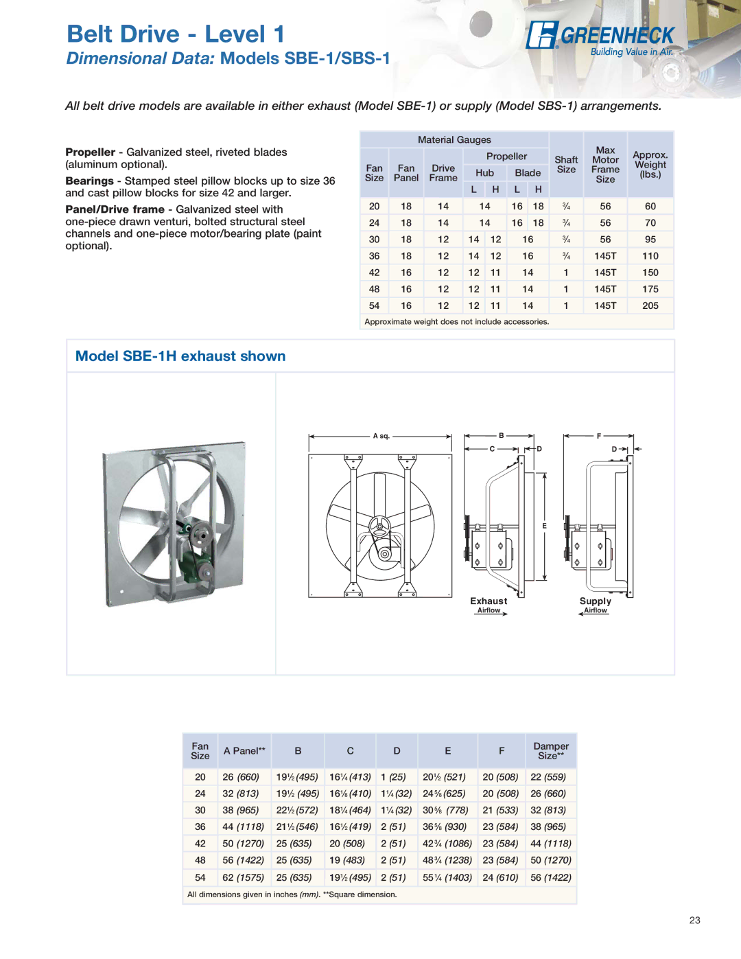 Greenheck Fan SE1, SS1 manual Belt Drive Level, Dimensional Data Models SBE-1/SBS-1, Model SBE-1H exhaust shown 