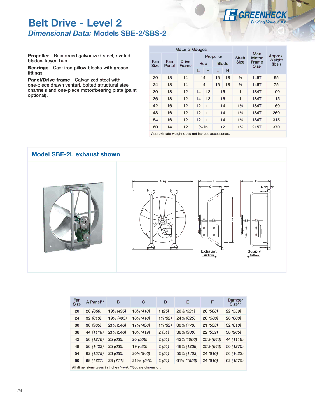 Greenheck Fan SS1, SE1 manual Dimensional Data Models SBE-2/SBS-2, Model SBE-2L exhaust shown 