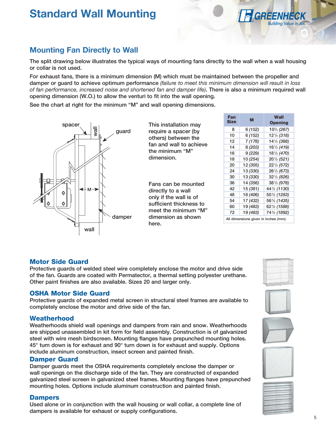 Greenheck Fan SE1, SS1 manual Standard Wall Mounting, Mounting Fan Directly to Wall 