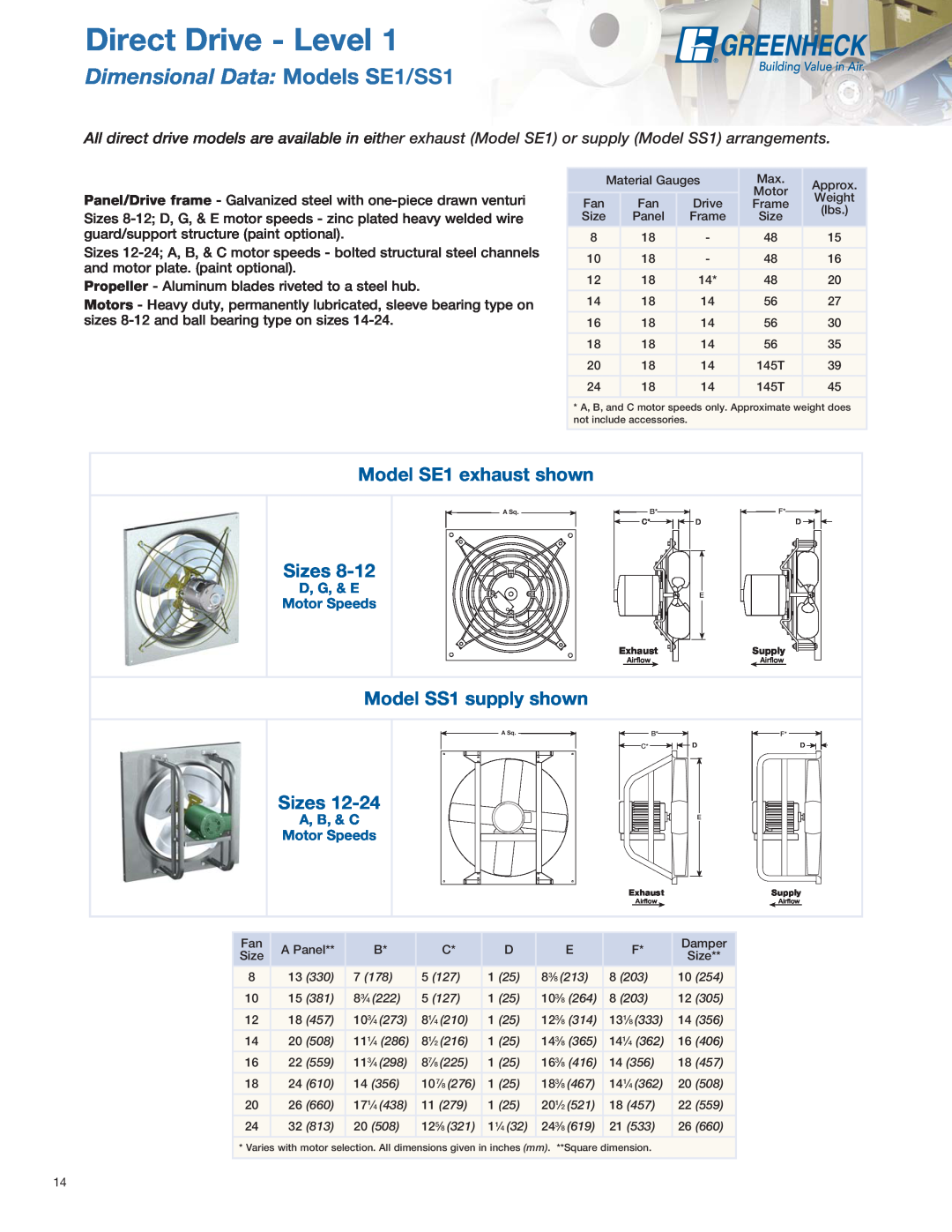 Greenheck Fan manual Direct Drive - Level, Dimensional Data Models SE1/SS1, Model SE1 exhaust shown, Sizes, D, G, & E 