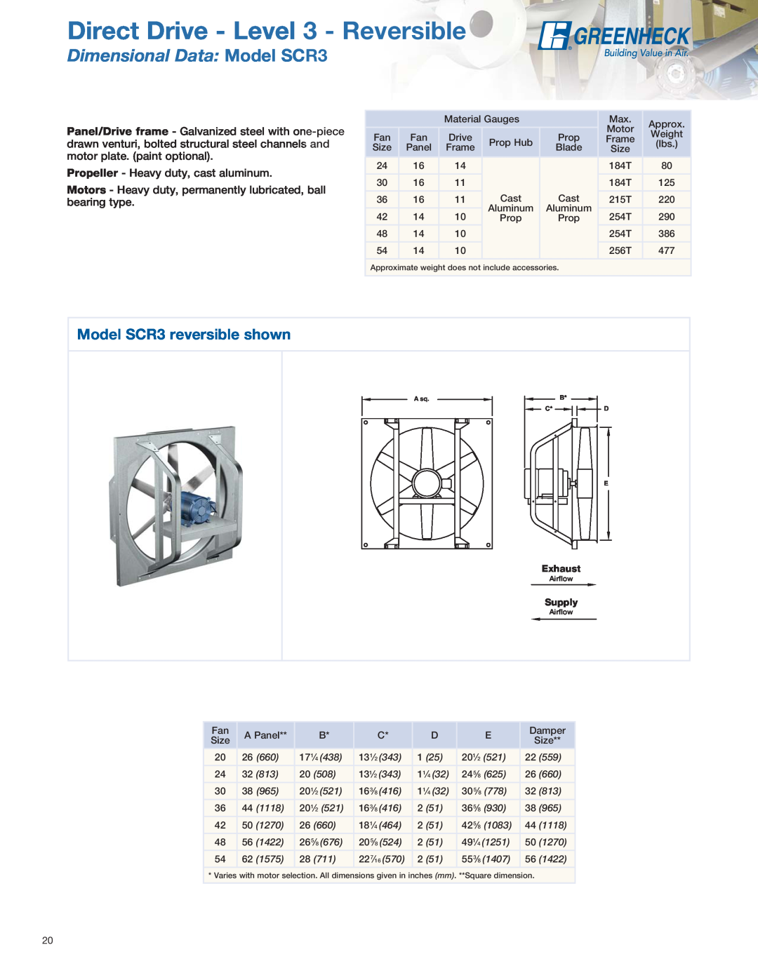 Greenheck Fan SS1, SE1 manual Direct Drive - Level 3 - Reversible, Dimensional Data Model SCR3, Model SCR3 reversible shown 