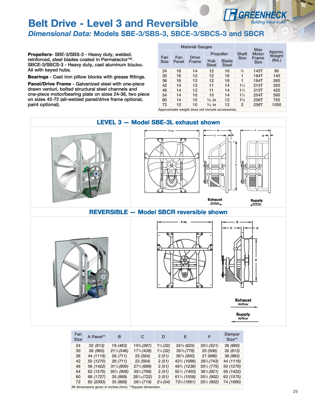 Greenheck Fan SE1, SS1 Belt Drive - Level 3 and Reversible, Dimensional Data Models SBE-3/SBS-3, SBCE-3/SBCS-3 and SBCR 