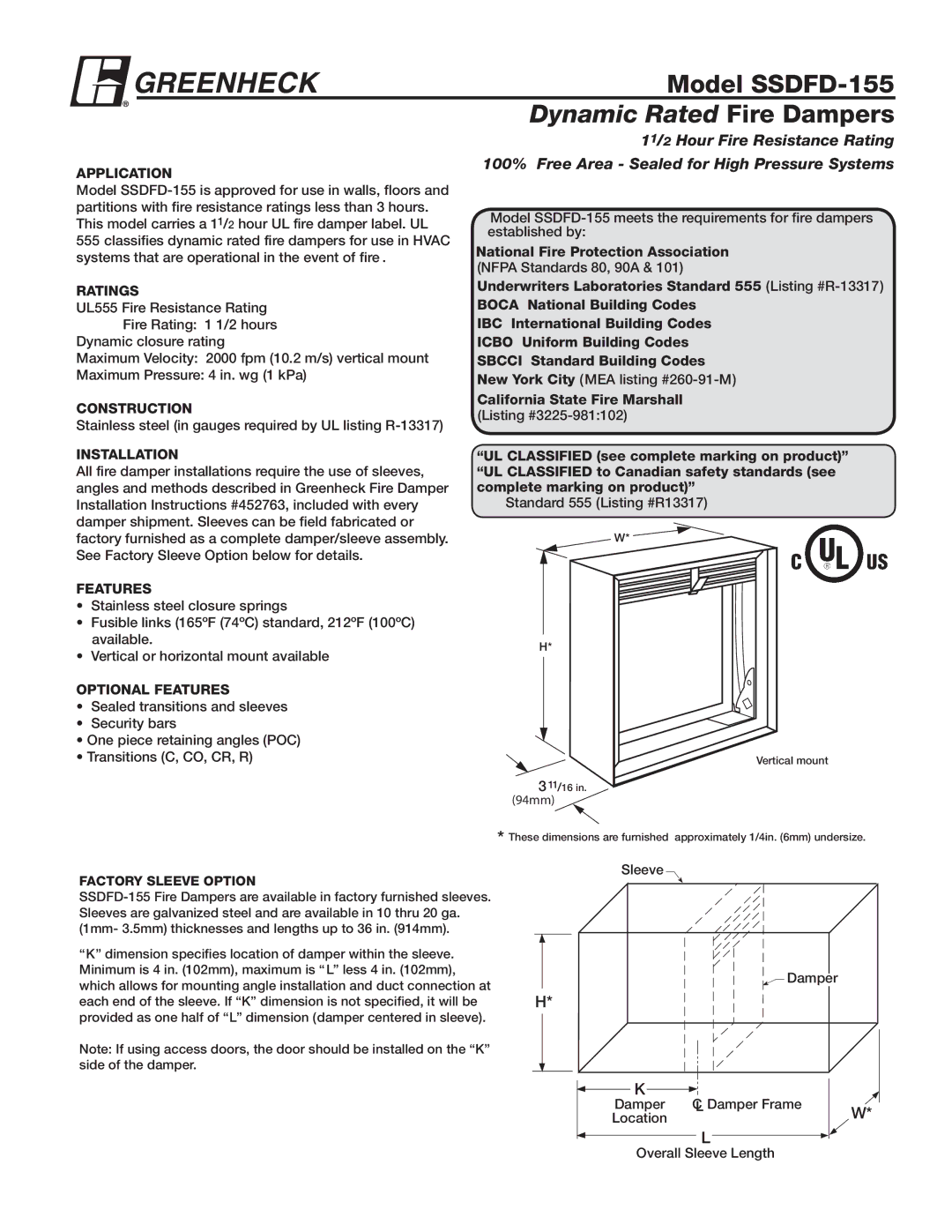 Greenheck Fan SSDFD-155 installation instructions Application, Ratings, Construction, Installation, Features 