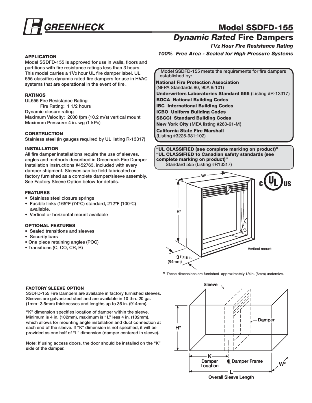 Greenheck Fan installation instructions Model SSDFD-155, Dynamic Rated Fire Dampers, 11/2 Hour Fire Resistance Rating 