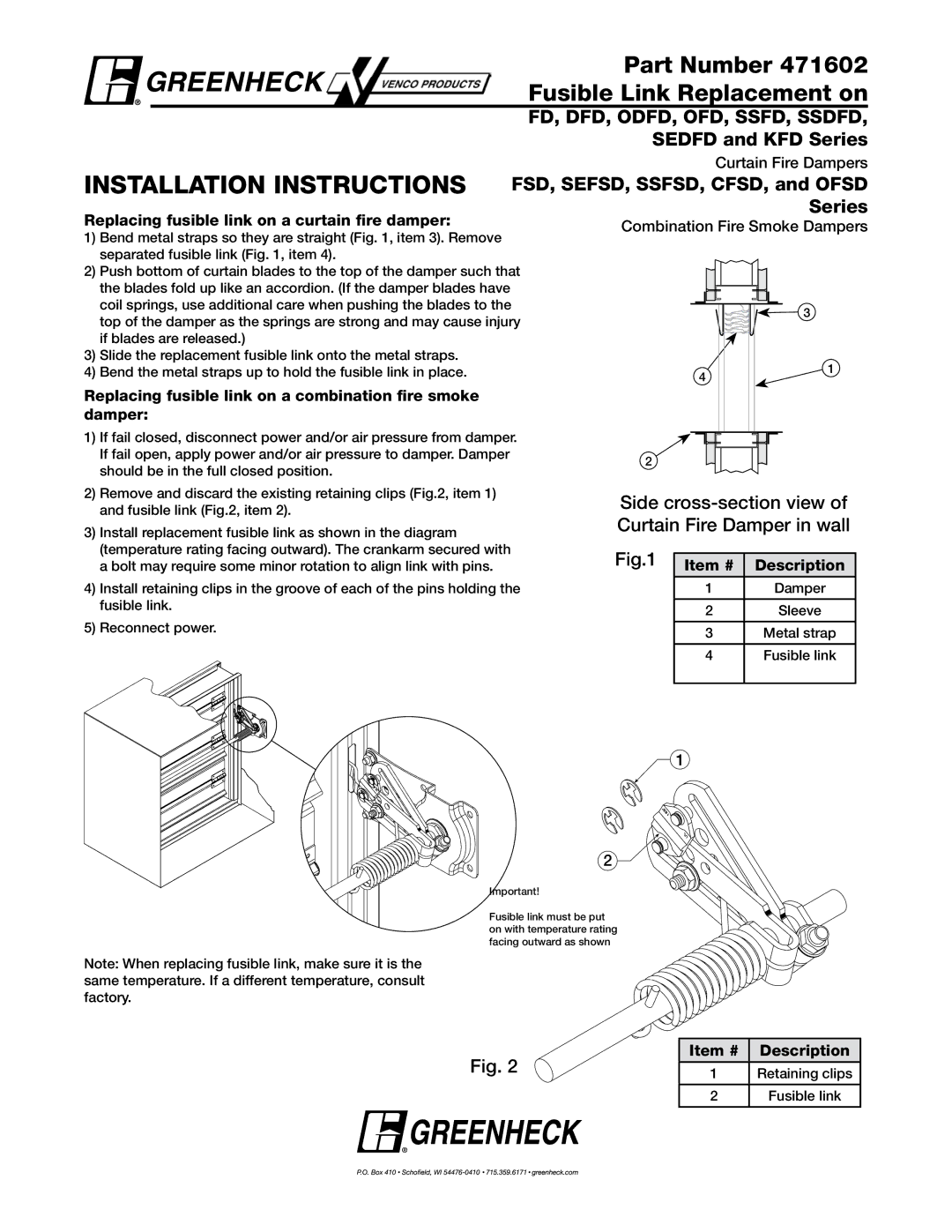 Greenheck Fan SEDFD, SSFD, OFSD Series installation instructions Installation Instructions, Sedfd and KFD Series 