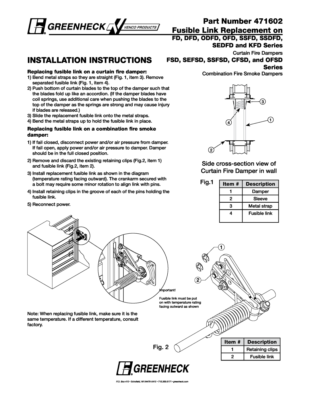 Greenheck Fan SEDFD installation instructions Installation Instructions, Part Number, Fusible Link Replacement on, Series 