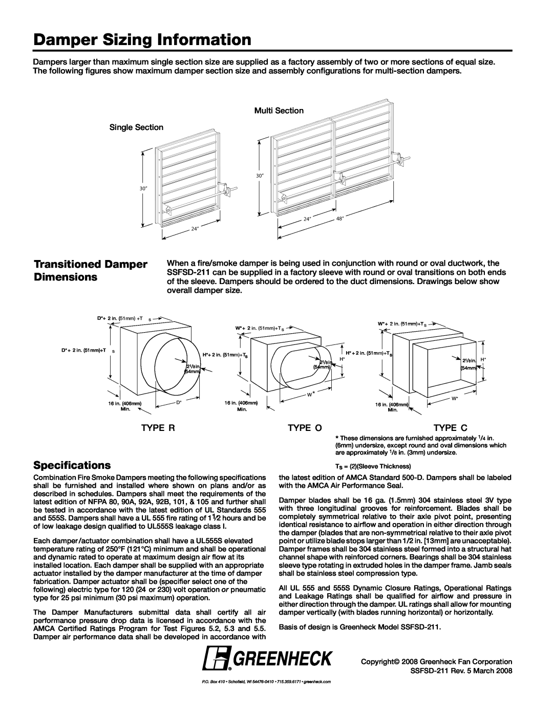 Greenheck Fan SSFSD-211 dimensions Damper Sizing Information, Transitioned Damper Dimensions, Specifications 
