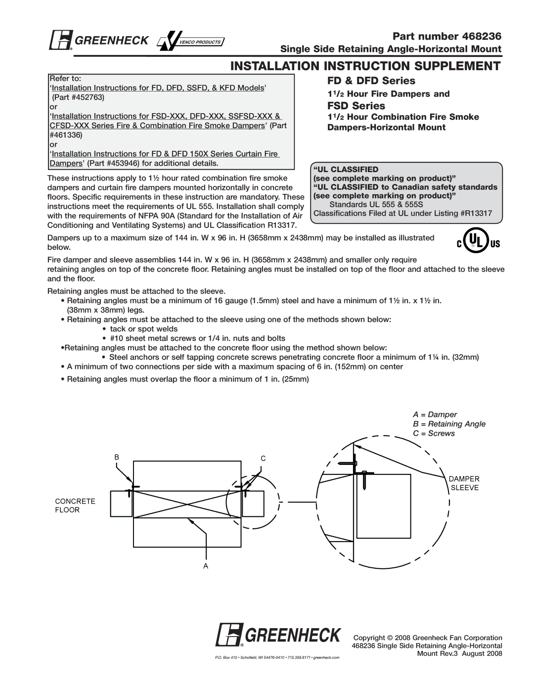 Greenheck Fan FSD-XXX, DFD-XXX installation instructions Installation Instruction Supplement, Part number, FD & DFD Series 