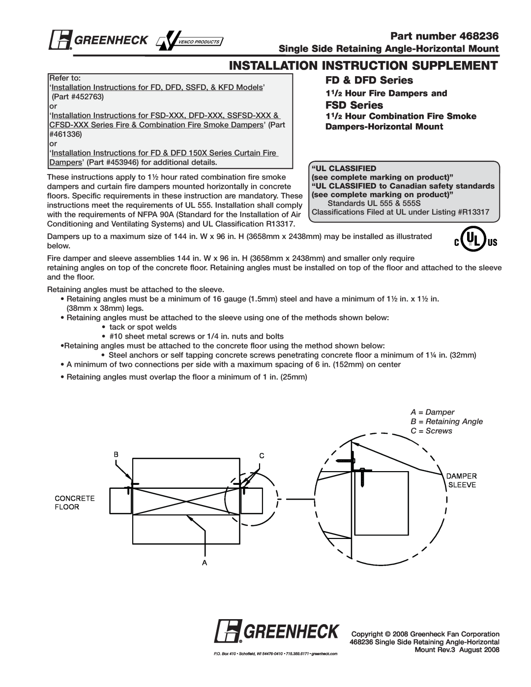 Greenheck Fan FSD-XXX, DFD-XXX installation instructions Installation Instruction Supplement, Part number, FD & DFD Series 