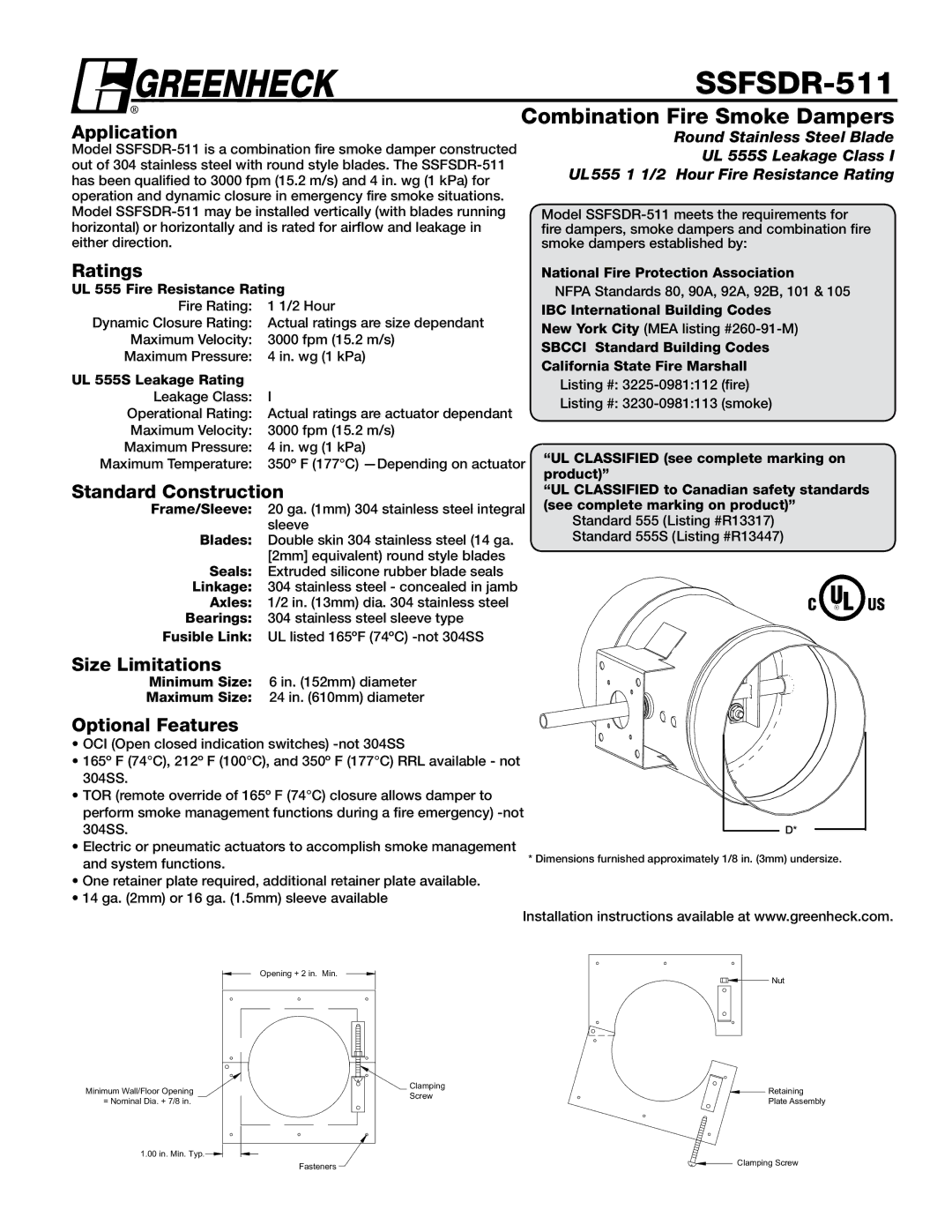 Greenheck Fan SSFSDR-511 dimensions Combination Fire Smoke Dampers 