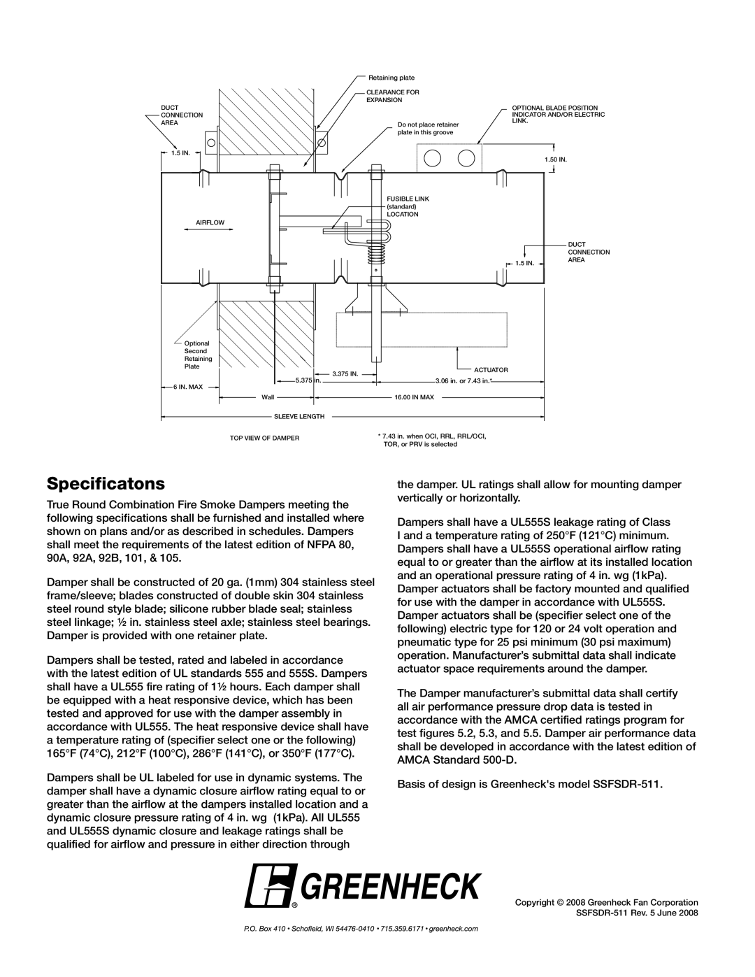 Greenheck Fan SSFSDR-511 dimensions Specificatons 