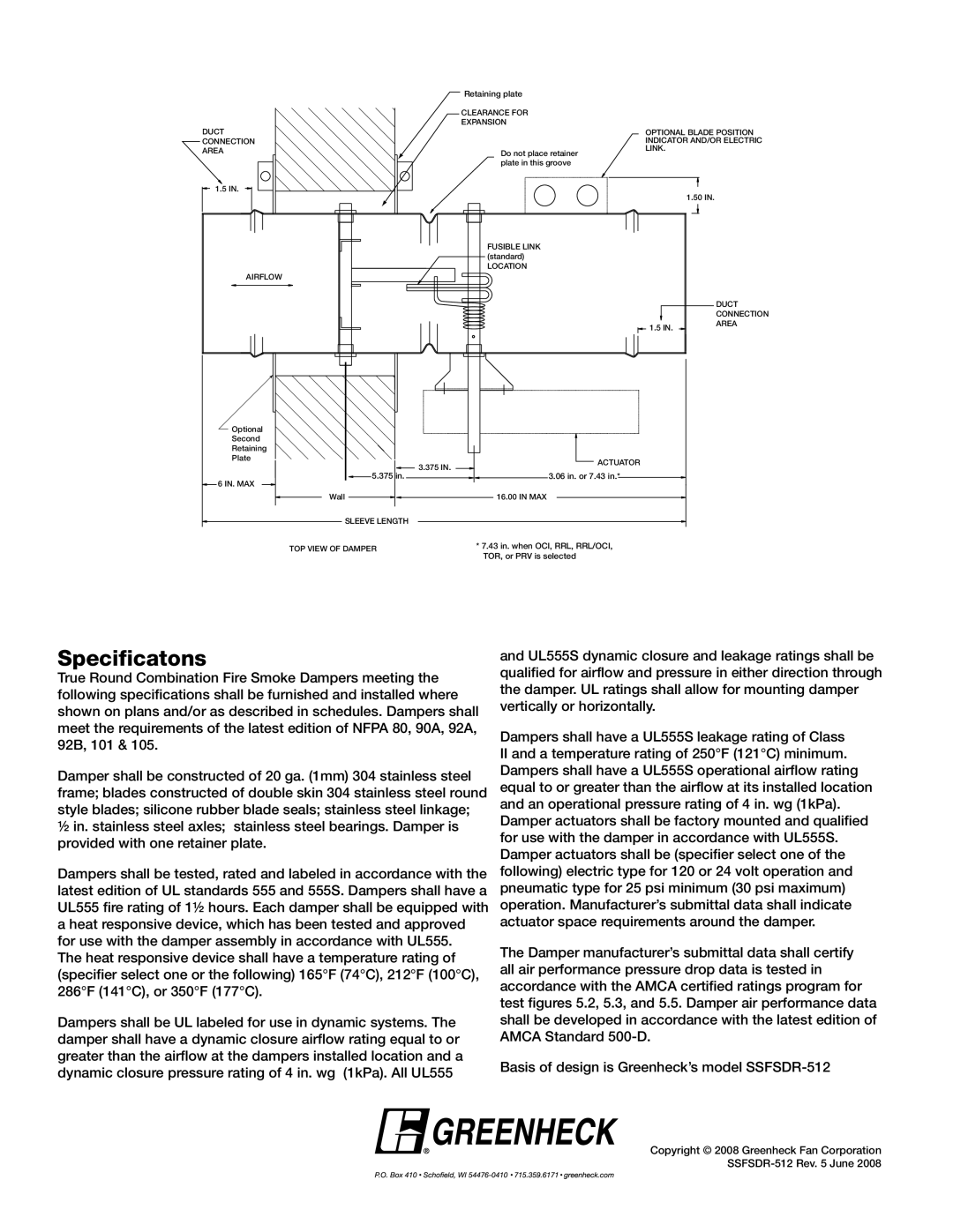 Greenheck Fan SSFSDR-512 dimensions Specificatons 