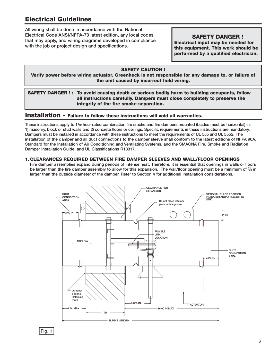 Greenheck Fan SSFSDR-XXX, SEFSDR-XXX warranty Electrical Guidelines, SAFEty Danger 