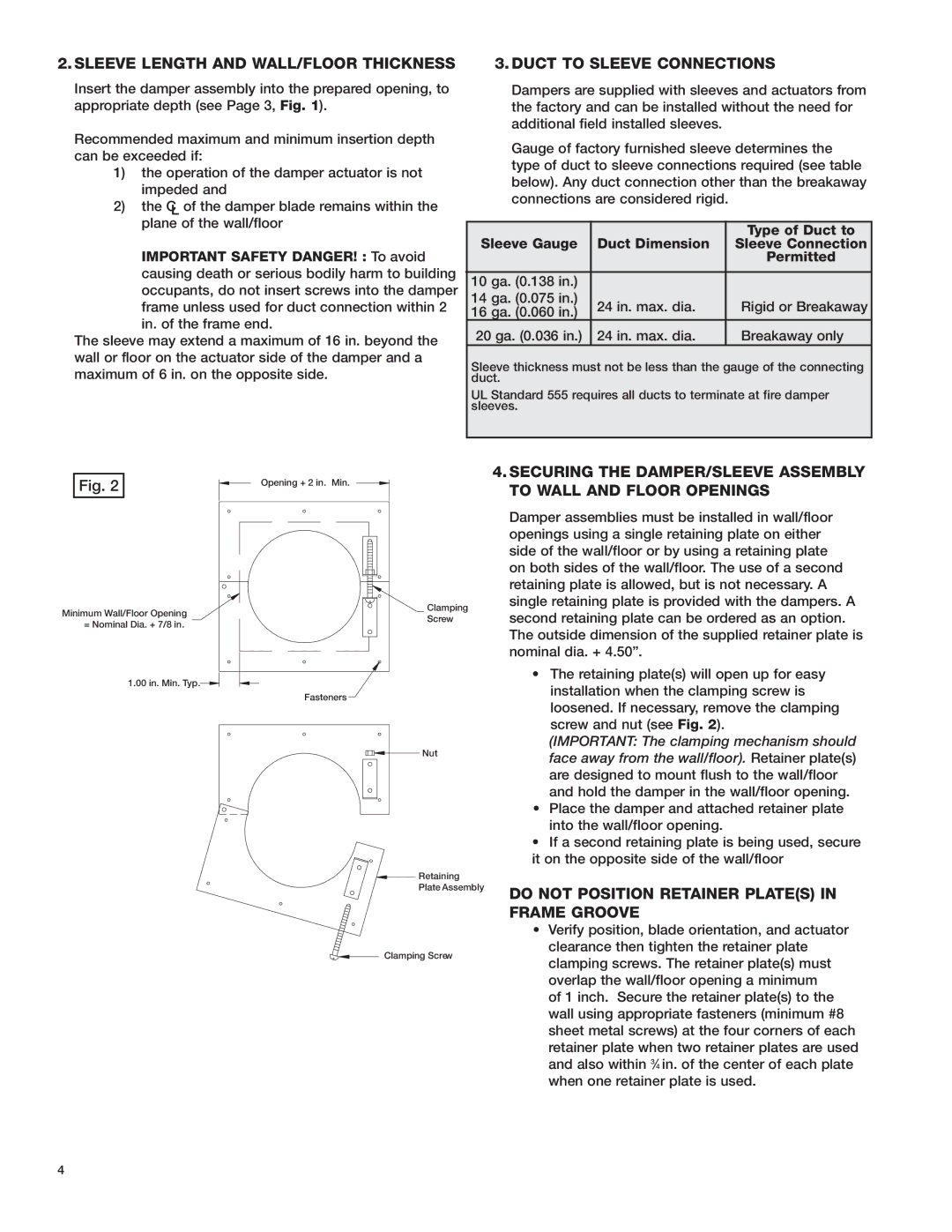 Greenheck Fan SSFSDR-XXX, SEFSDR-XXX warranty Sleeve Length and WALL/FLOOR Thickness, Duct to Sleeve Connections 