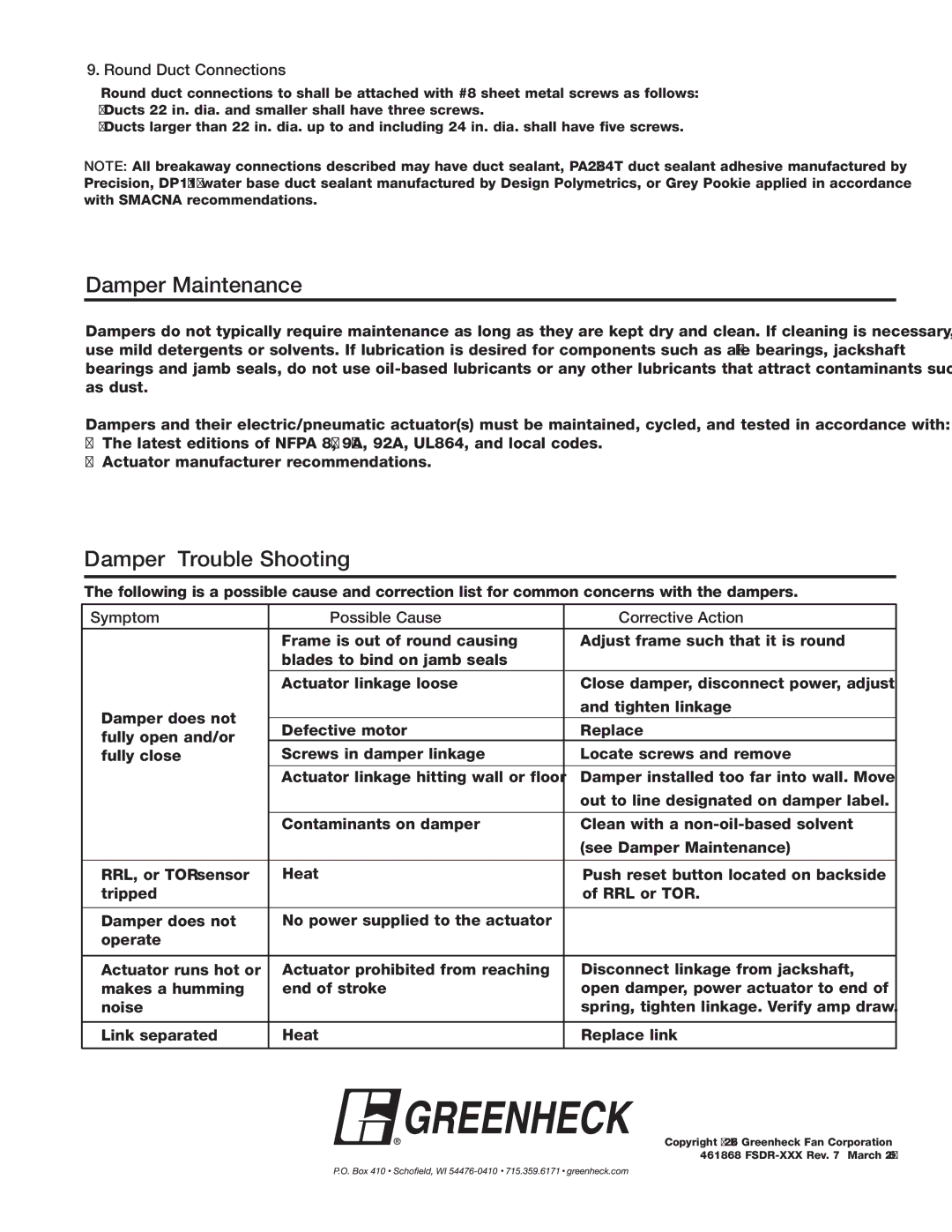 Greenheck Fan SSFSDR-XXX, SEFSDR-XXX warranty Damper Maintenance, Damper Trouble Shooting 